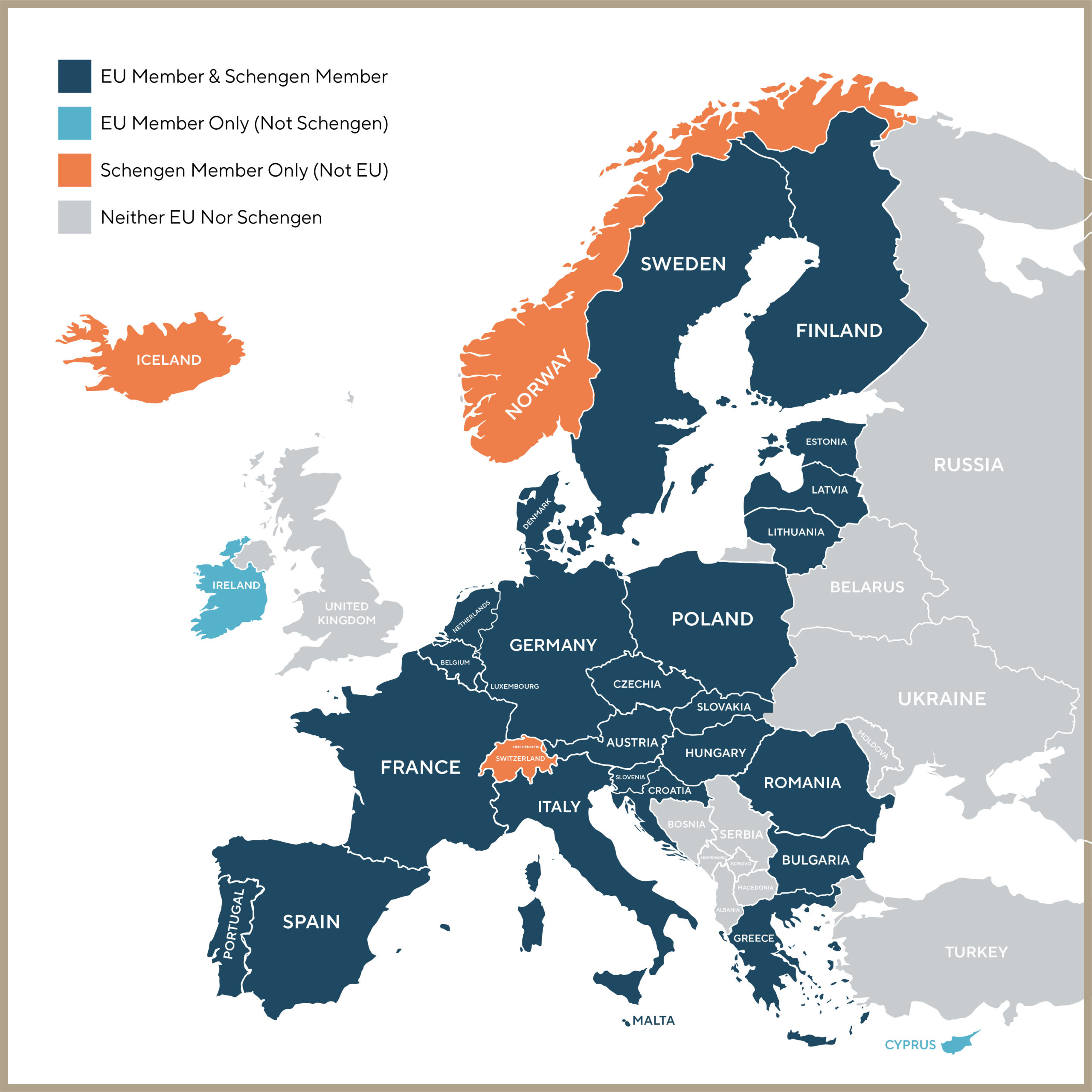 Map of Europe showing EU and Schengen Area membership by country, highlighting EU-only members, Schengen-only members, dual members and non-members for travel and border control reference.