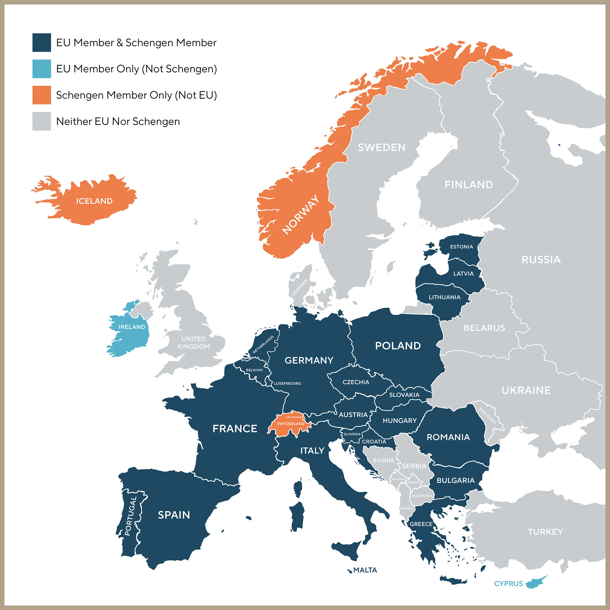Map of Europe showing EU and Schengen Area membership by country, highlighting EU-only members, Schengen-only members, dual members and non-members for travel and border control reference.